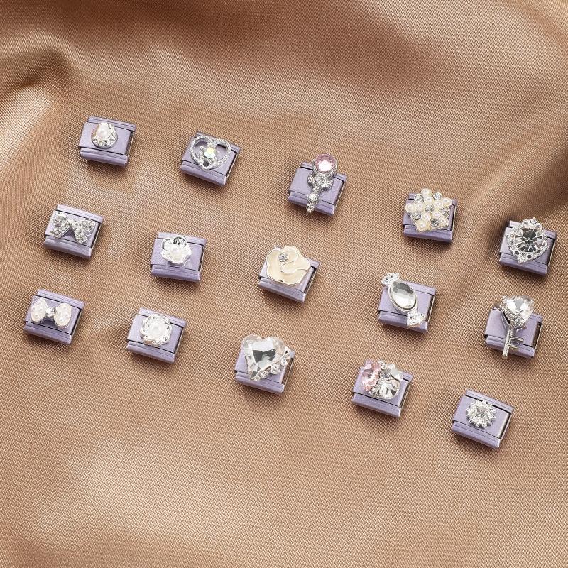 Y2K Purple Series Bow Candy Heart Flower Shiny Italian Charm Links Fit 9MM Stainless Steel Bracelet Girls' DIY Making Jewelry