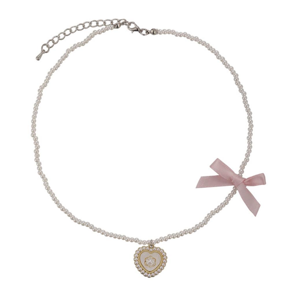 Elegant Camellia Heart Shaped Necklace Bowknot Pearls Beaded Choker for Women Girls Elegant Collarbone Chain Ornament