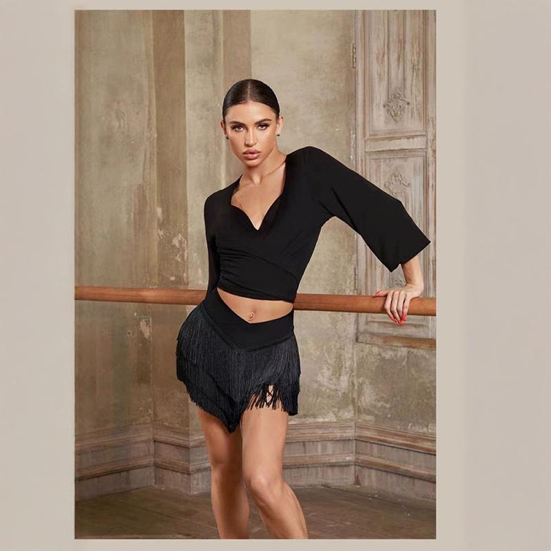 

Women Latin Dance Skirt Adult Tango Cha Cha Latin Dance Professional Practice Sexy Three Layer Tassel V Half XS чёрный