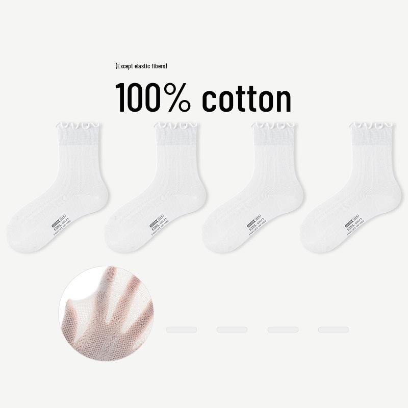 Children's Summer Breathable Mid-Calf Cotton Mesh Socks - White, Seamless, Right-Angle Design