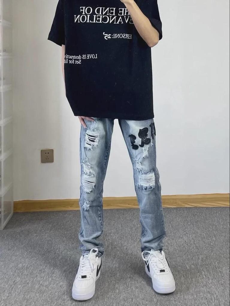 Men's Slim Fit High Street Embroidered Skinny Jeans – Trendy Student Style