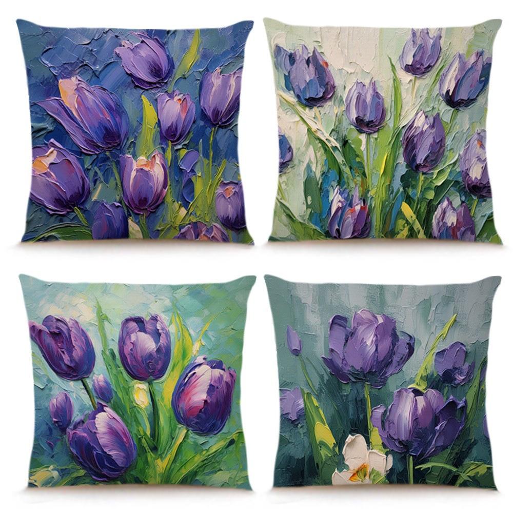 Tulip Oil Painting Print Home Decor Pillowcase Bedroom Living Room Sofa Decoration Polyester Cushion Cover With Zipper