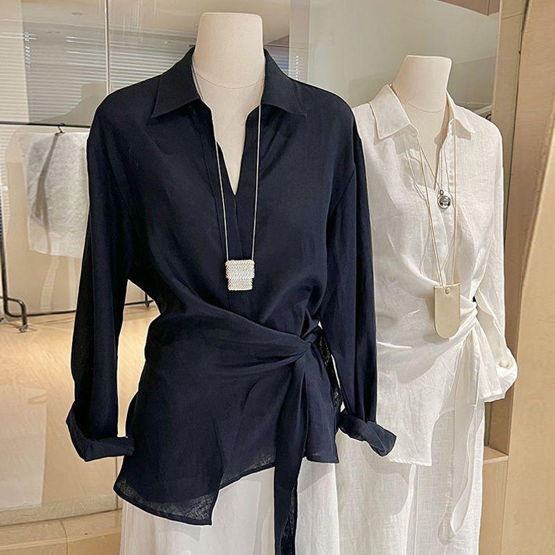 Chic Irregular Lace-Up Waist Shirt: Women's French Old Money Style Long Sleeve Top
