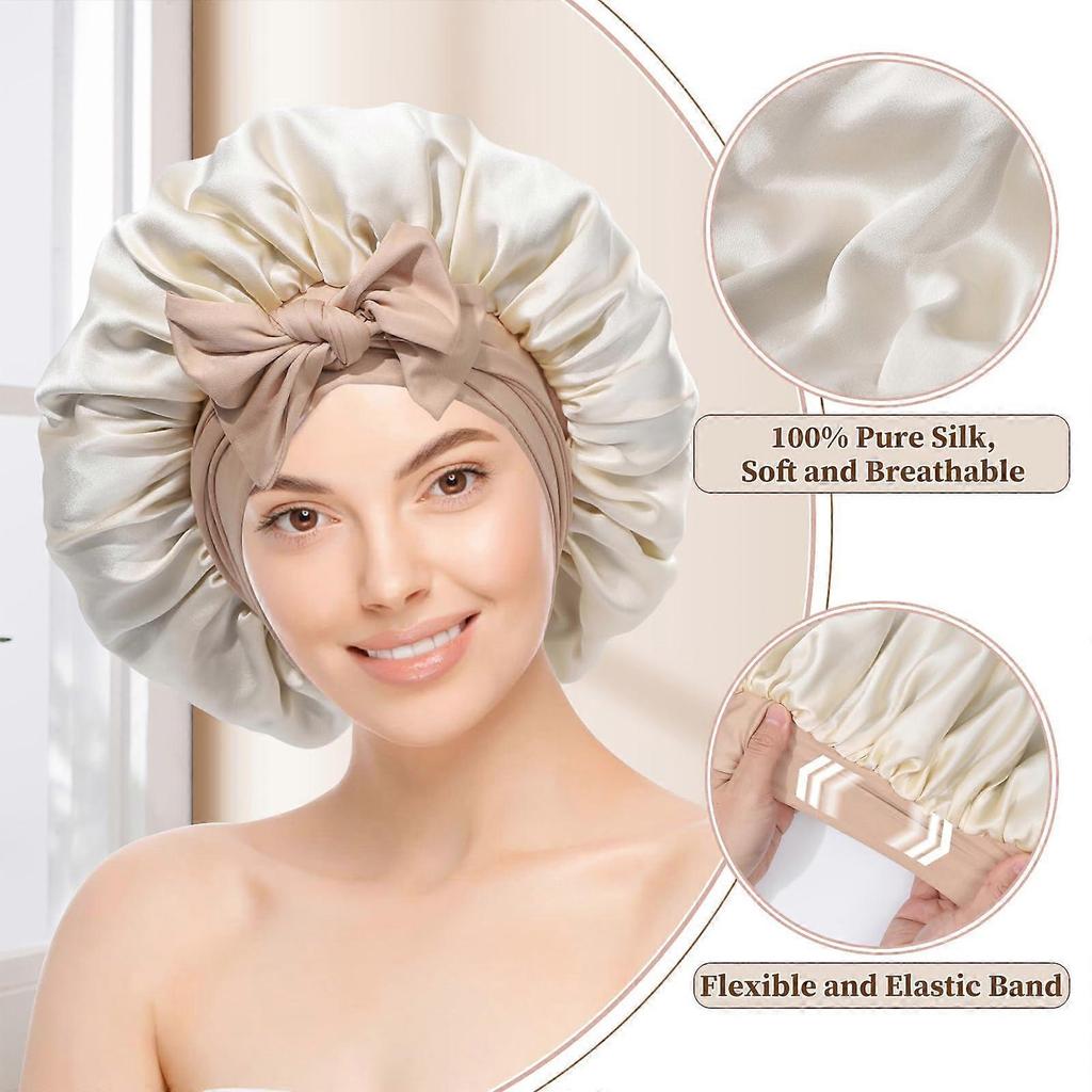 Silk Bonnet for Women Double Sided 100% Mulberry Silk Sleep Cap and Shower Cap Adjustable Fit
