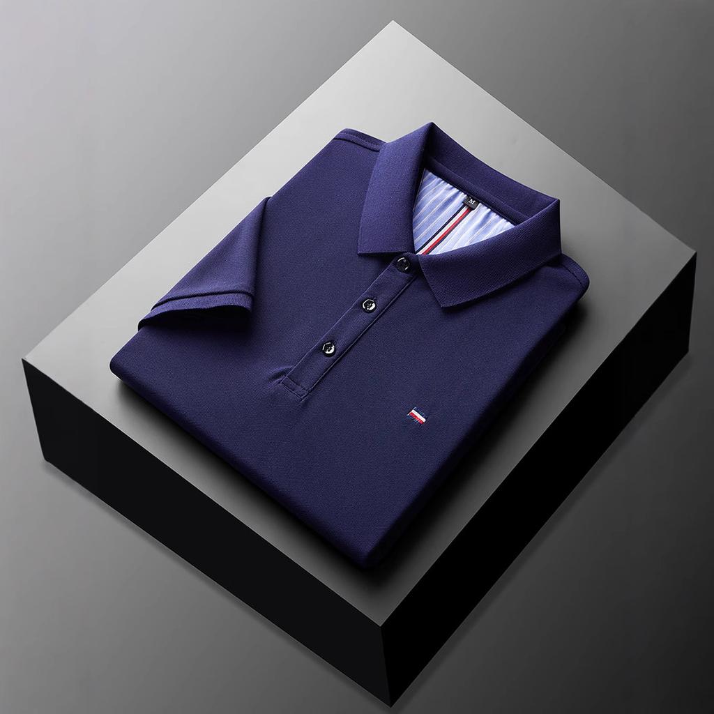 Polo à Manches Courtes pour Homme Couleur Unie Revers Tempérament Respirant Business Décontracté T-Shirt Bleu