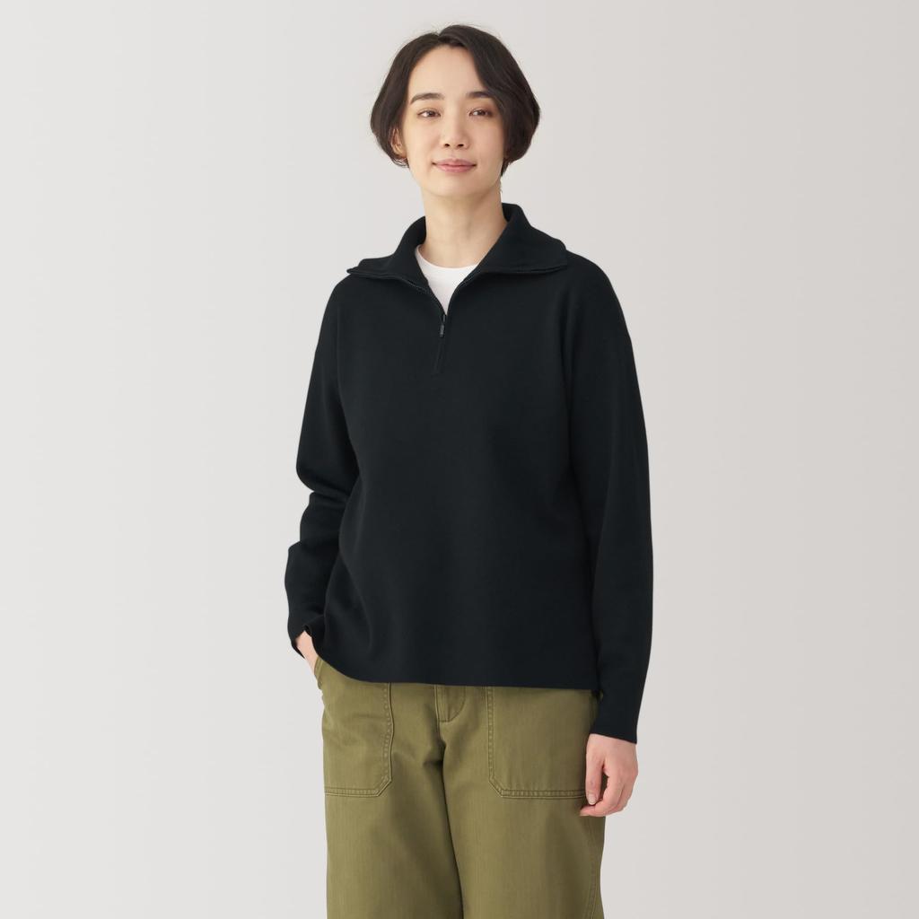 MUJI Washable Milan Rib Knit Size BA1OZA4A Women's Half-Zip Sweater, Black, L,