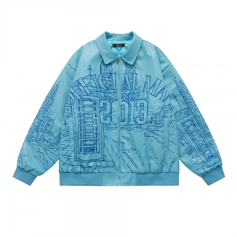 Unisex Streetwear Biker-Style Zip-Up Jacket Cotton Blend Oversized Casual Outerwear Men Women