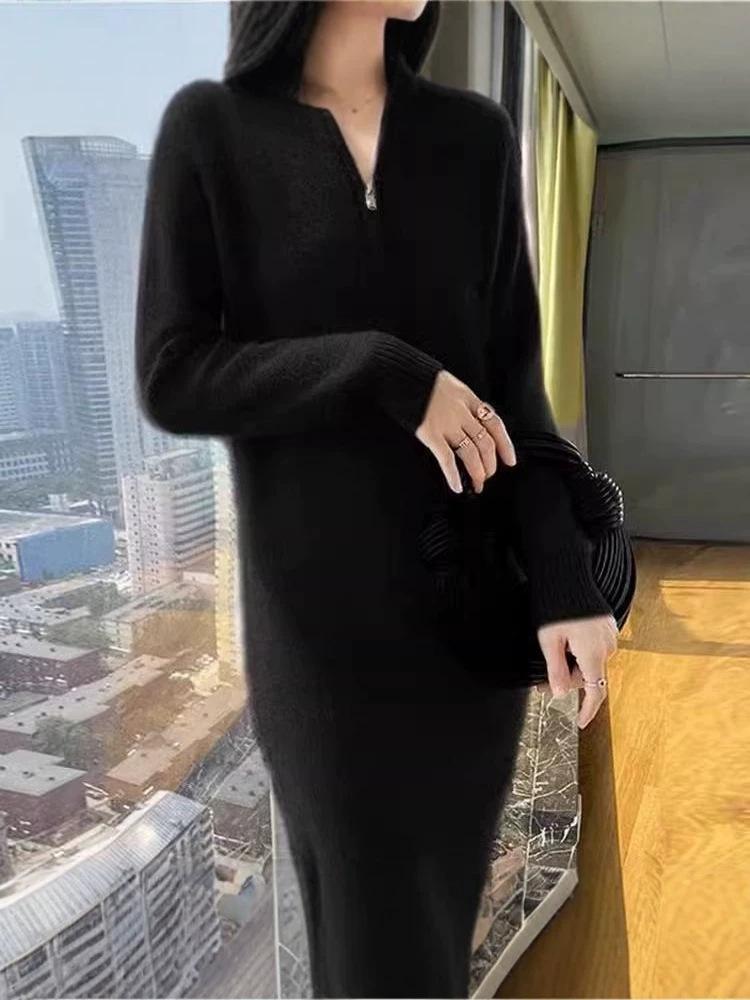 Women's High Neck Mid-Length Cashmere Sweater Dress - Autumn Collection with Zipper and Loose Knit Wool Design