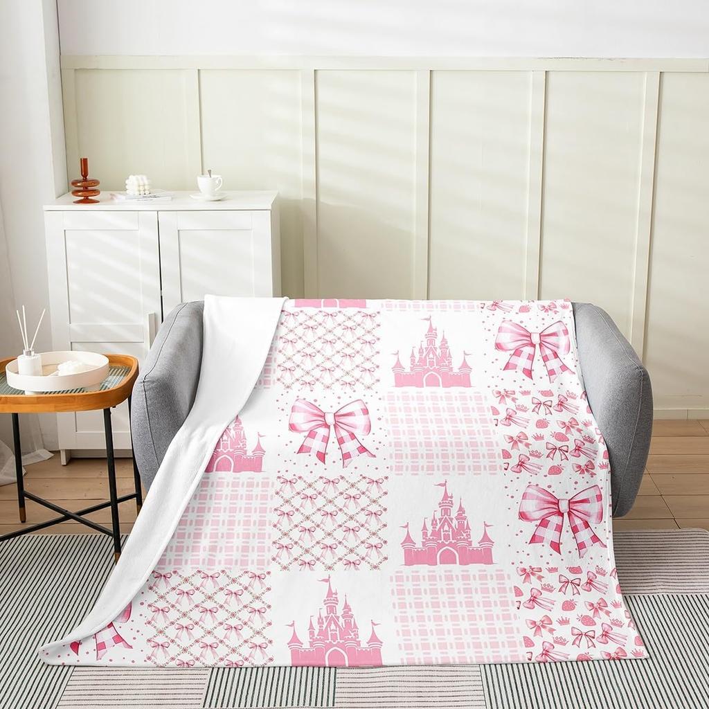 Cute Bowknot Fleece Blanket Princess Style Blue Bow Watercolor Plush Throw for Home Decor Geometric Grid Minimalist Dreamy Sofa