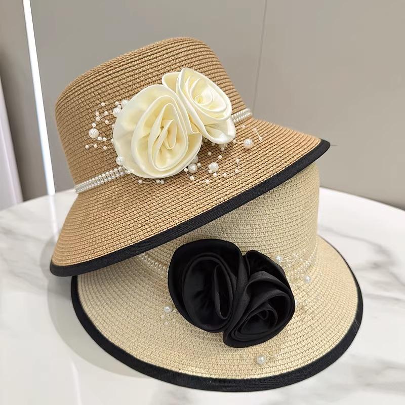 Vintage Rose Bucket Hat Women's Summer Sunshade Sunscreen Fashion Hepburn Style Straw Hat Straw Braided Bowler Hat