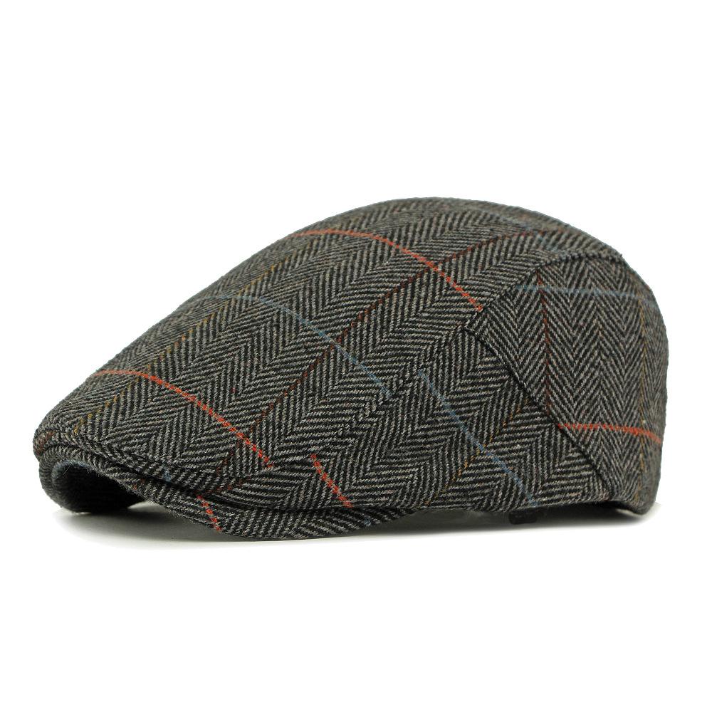 Autumn Winter Men's Hat Middle-Aged Wool Forward Cap British Vintage Beret Plaid Peaked Cap