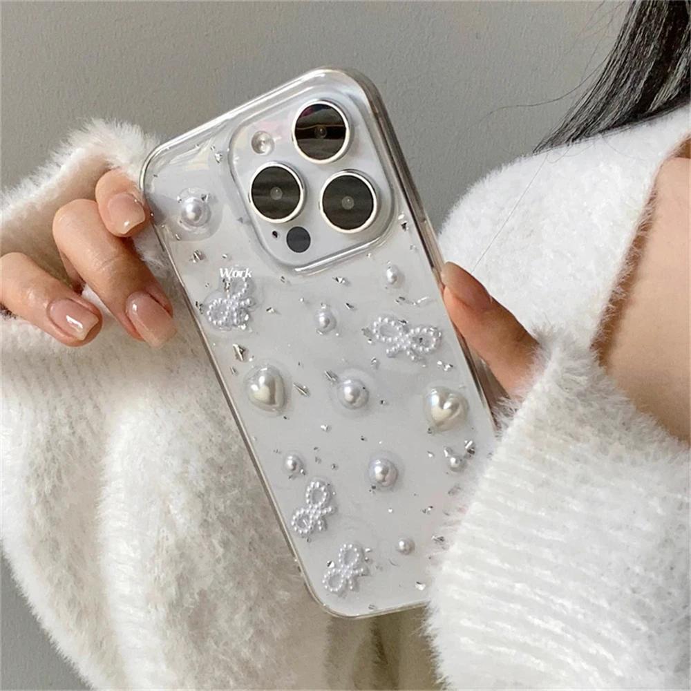3D Pearl Bowknot Silver Foil Phone Case For iPhone 17 Air 16 15 14 12 11 Pro Max 13mini XS Max XR X Cute Clear Soft Cover