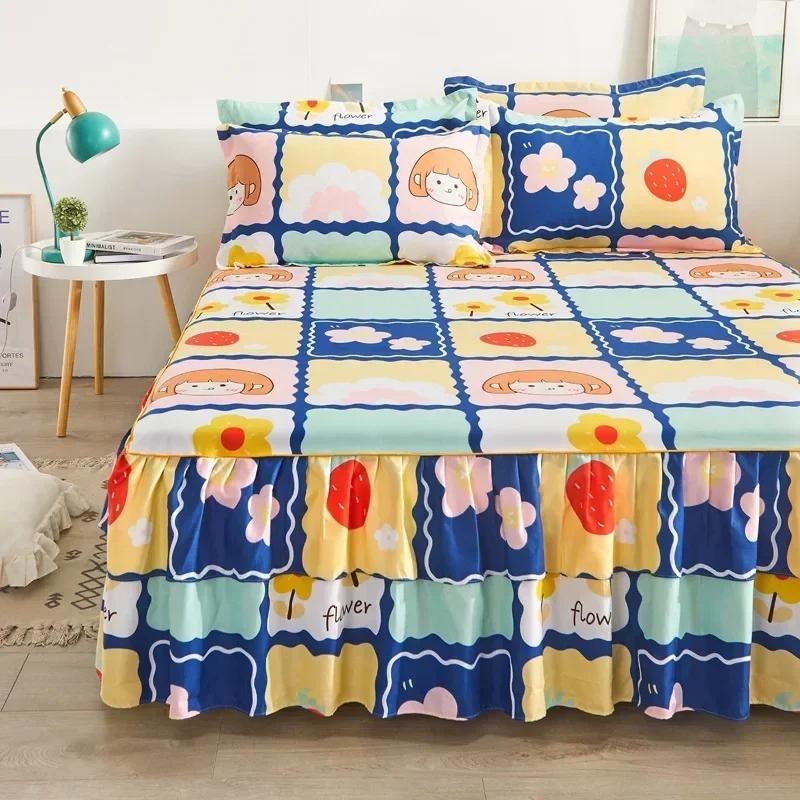 1PC Bed Skirt Cartoon Style Bed Cover Ruffled Bedsheet Falda De Cama Quilted Mattress Covers Lace Bedspread (No Pillowcase)