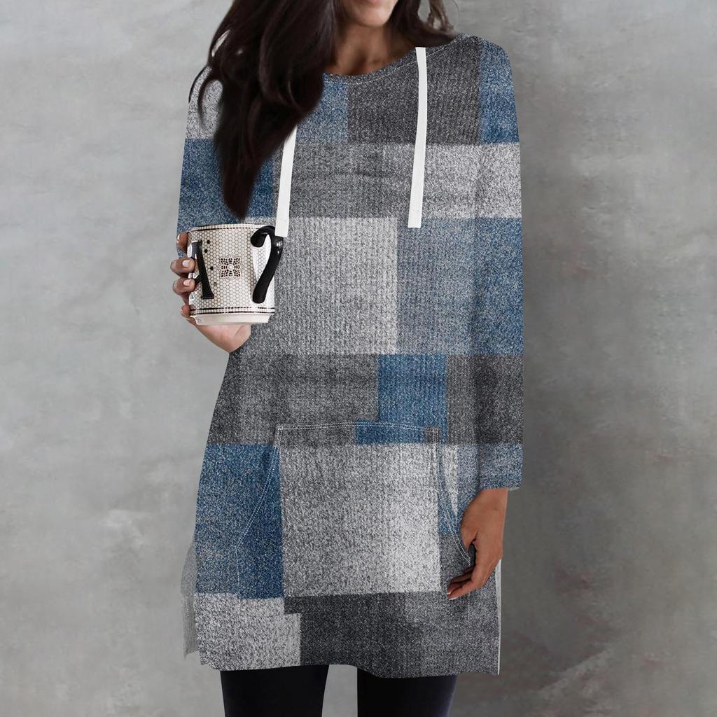 Dámské volné košile s potiskem, dlouhý rukáv mikiny se stahovací šňůrkou, úplet postranní rozparek Tunika s kapucí, s kapsou