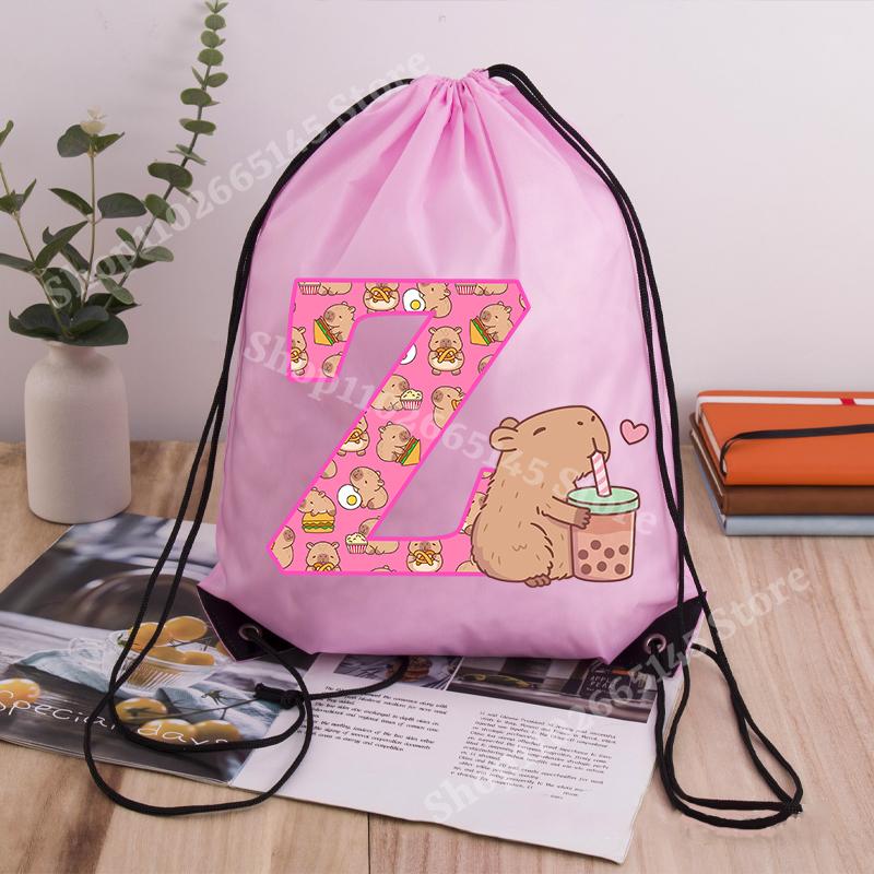 Capibara Girls Drawstring Backpack Cute Capybara Letter A-Z Storage Bag Kids Outdoor Sport Travel Rucksack Children Gifts