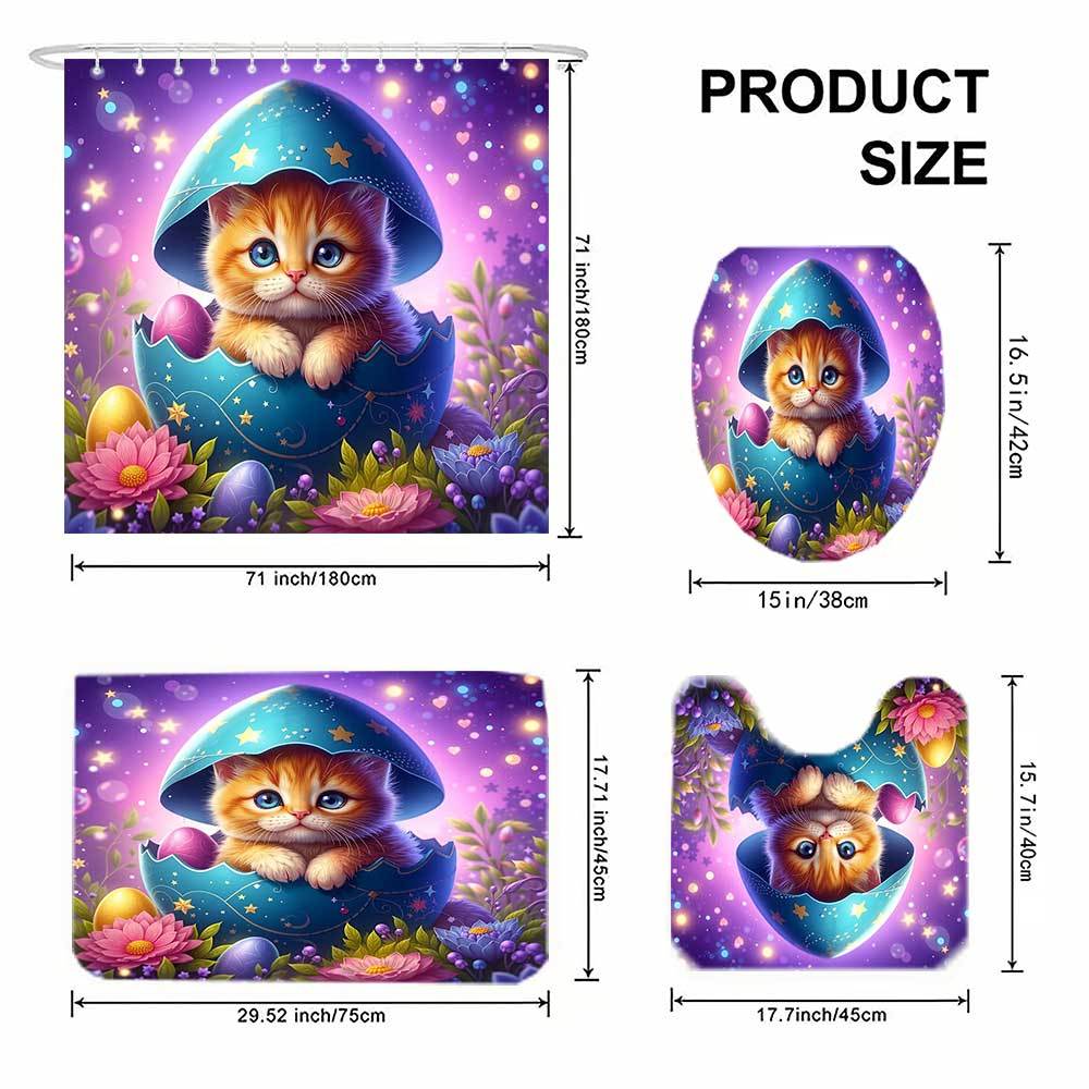 4Pcs Easterthemed Shower Curtain Set with Non-Slip Bath Mat, Toilet Lid Cover, Contour Rug & 12 Hooks, Bathroom Decor
