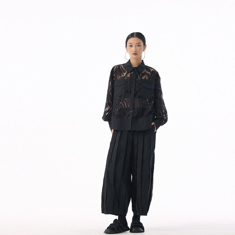 2025 Retro Jacquard Lace Lightweight Luxury Shirt - Spring/Autumn Loose, Versatile See-Through Top