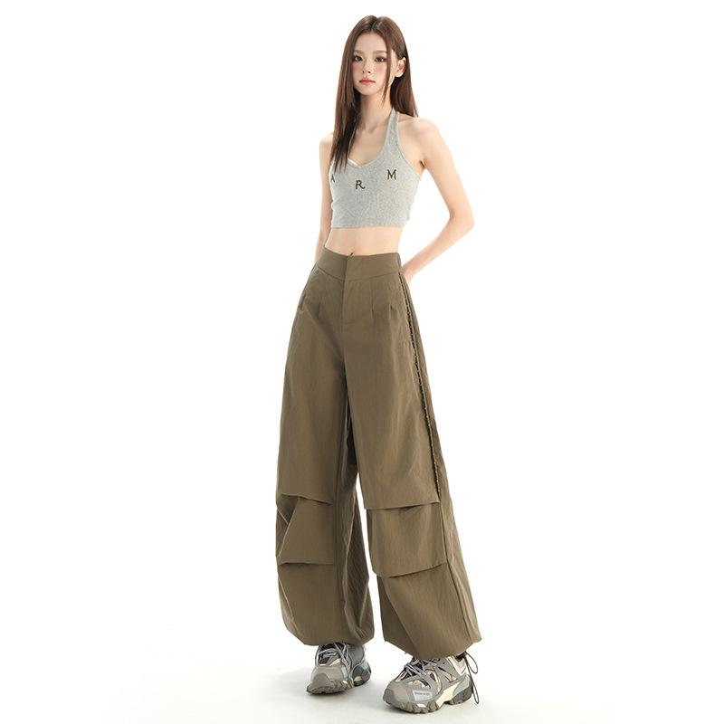 Yuppi Spice Girls, American Retro Wide Leg Overalls Women's Loose Straight Tie Casual Pants Summer