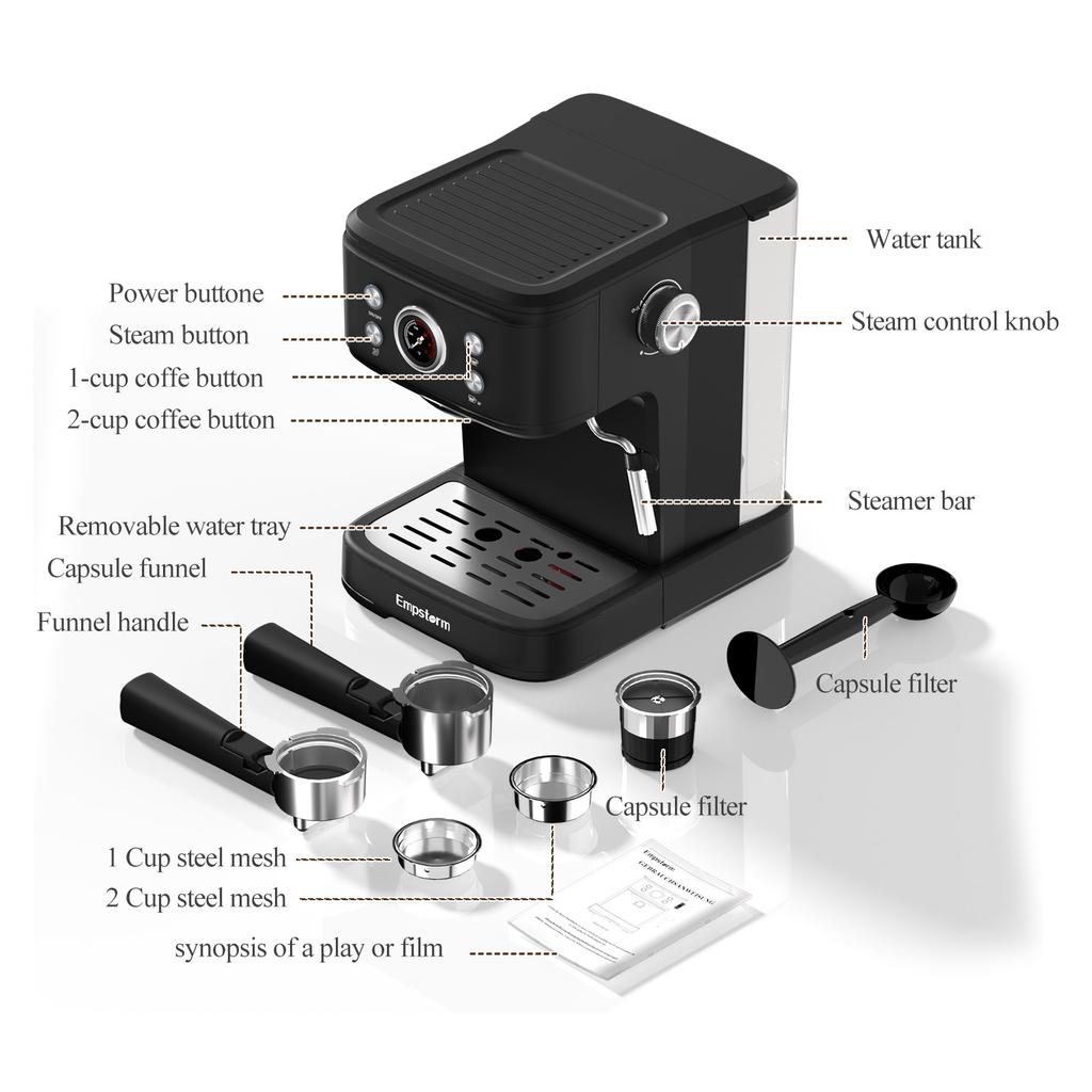 For Professional Electric Espresso Coffee Machine Semi-Automatic Brew System 20Bar Visible Water Tank Easy Clean Household