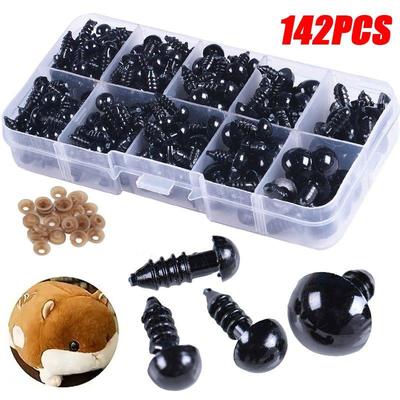 142 Stück 6–12 mm schwarze Kunststoff-Sicherheitsaugen für Bären, Stofftiere, Puppen, Amigurumi, DIY-Zubehör
