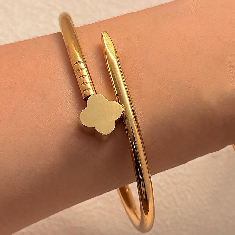 Gold Stainless Steel Bracelet Set with Nail and Clover Design - European and American Style Bangles