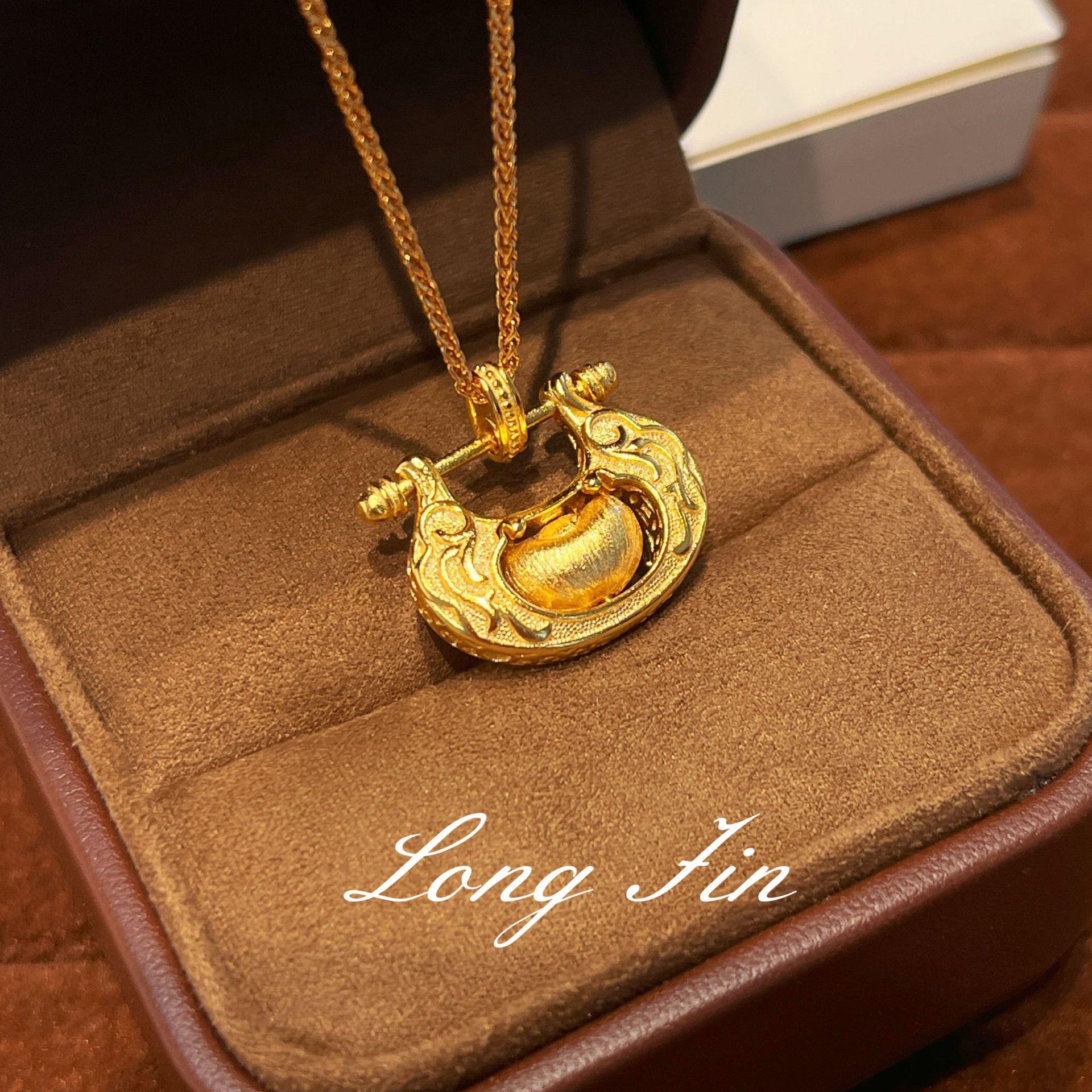 

Rotatable Brushed Ingot Lock Bag Necklace, Sui Sui Ping An Lock Pendant, Chopin Chain, Premium Necklace.