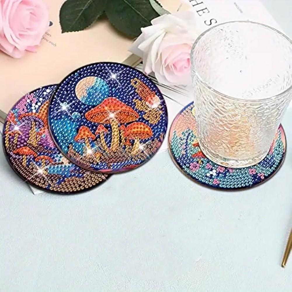 8 Pieces/set Mushroom House World Diamond Painted Coaster Set with Bracket DIY Coaster for Beginners and Adults, Art and Crafts Supplies Gift