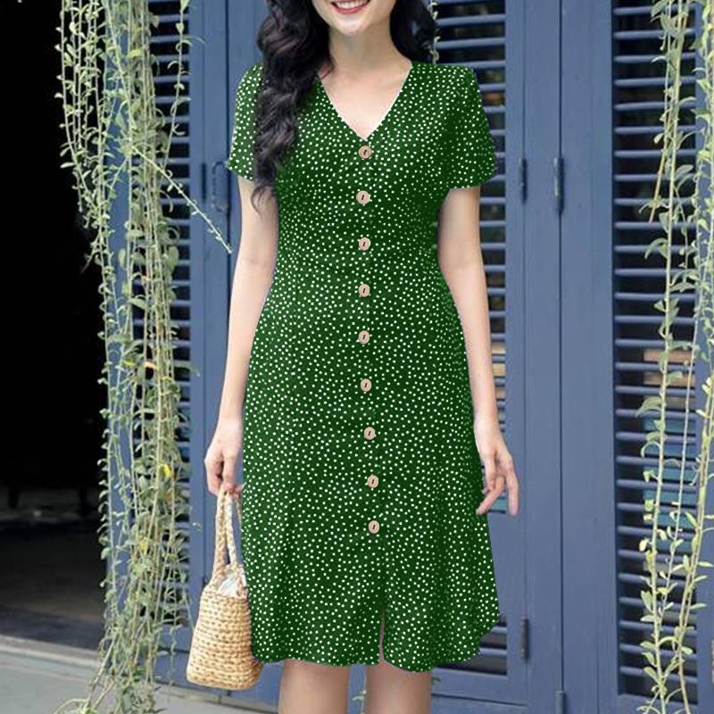 

ZANZEA Женское летнее платье с V-образным вырезом, коротким рукавом, повседневное, с принтом в горошек 2XL зелёный
