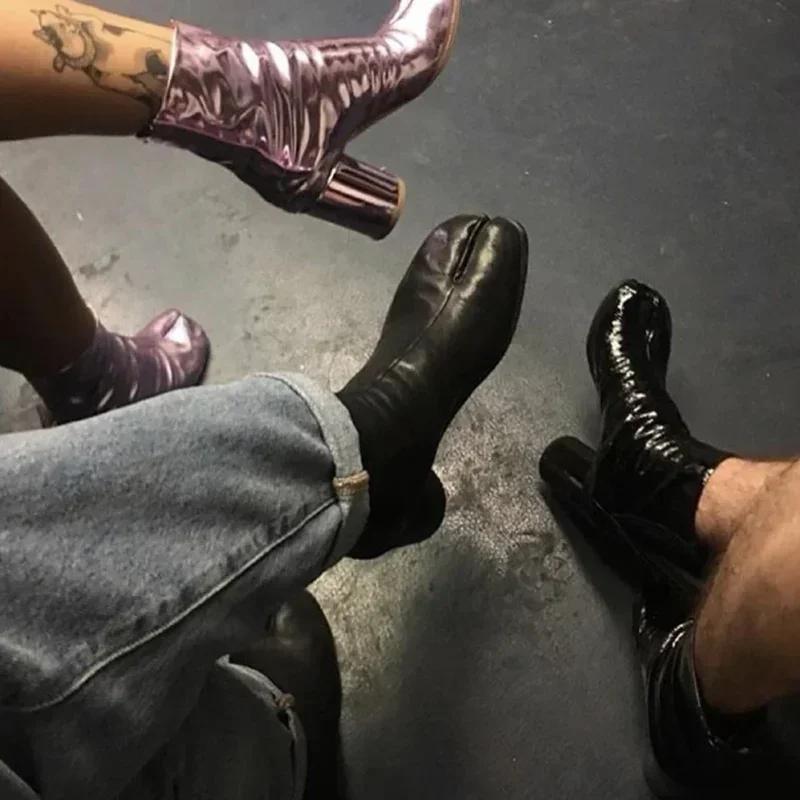 Luxusmarken-Design Leder Tabi Stiefel Mode Runde Klobige Hohe Absätze Stiefeletten Für Damen Herbst Winter Zehenschuhe