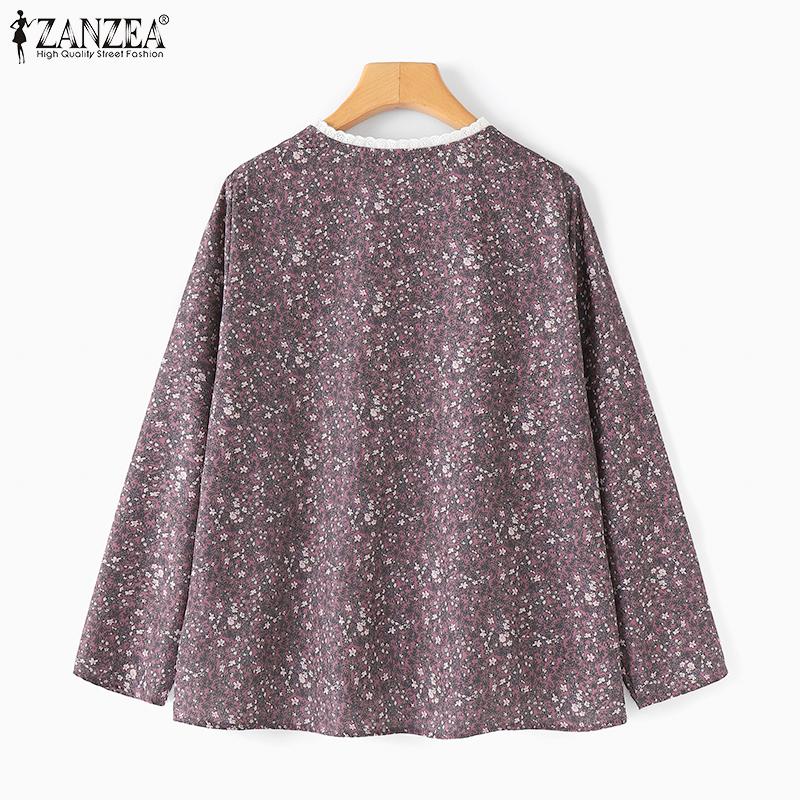 ZANZEA Women Casual Round Neck Long Sleeve Floral Print Contrast Color Blouses
