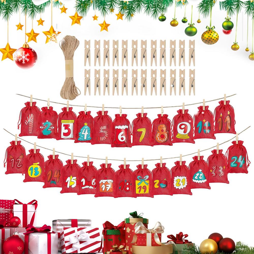 Empty Calendar Advent Bags 24-Day Reusable Christmas Advent Hangable Fabric Candy Bags Calendar For Wedding Holiday Birthday 14x10cm