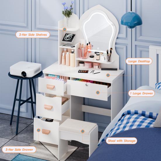 Makeup Vanity Desk with LED Lighted Crown-shaped Mirror, Vanity Table with 4 Drawers and Opening Shelves, Bedroom Dressing Table with
