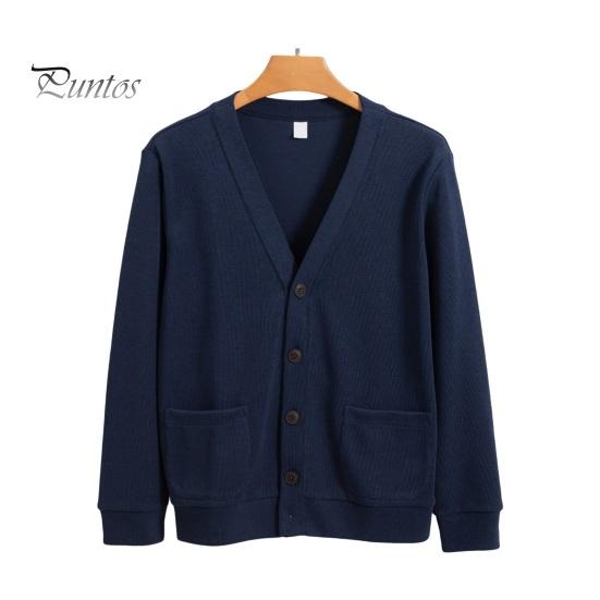 

Осень-зима мужской кардиган с V-образным вырезом, трикотажный однотонный эластичный однотонный свободный однобортный свитер в деловом стиле на пуговицах L темно-синий