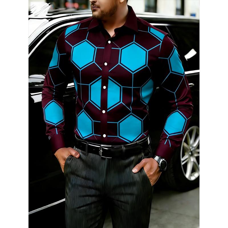 New 11 Color Men's Long Sleeved Shirt with Gold 3D Printing, Fashionable Color Block Pattern, Luxurious Shirt Style