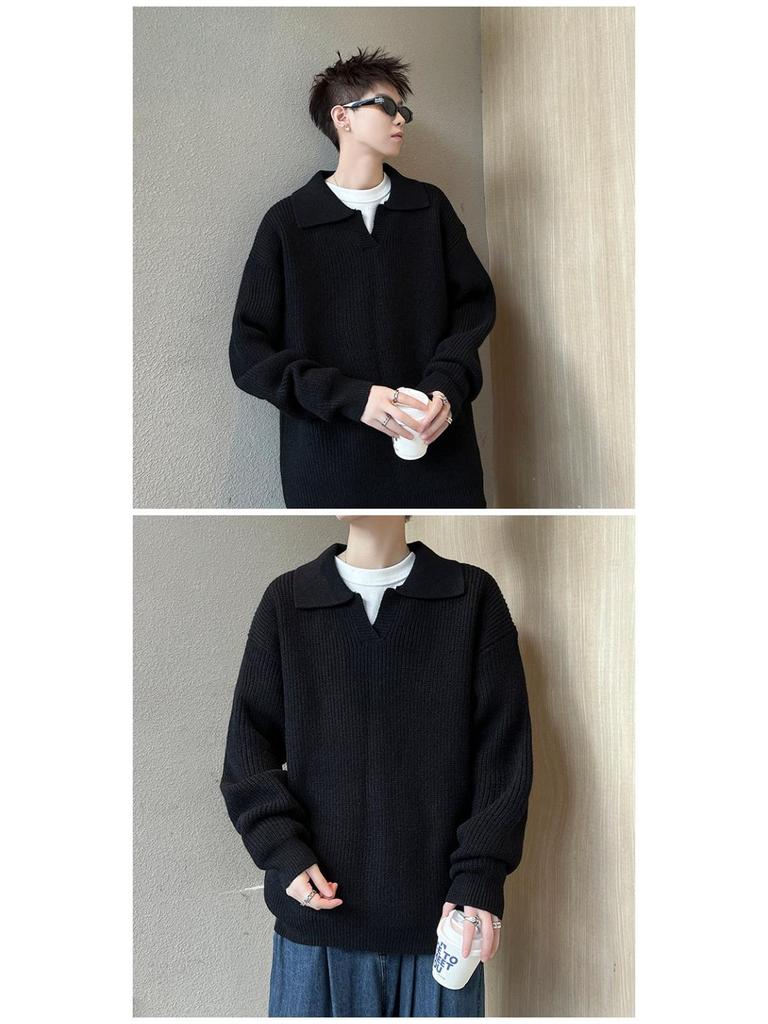 Men's Winter American Style Black Knit Polo Sweater