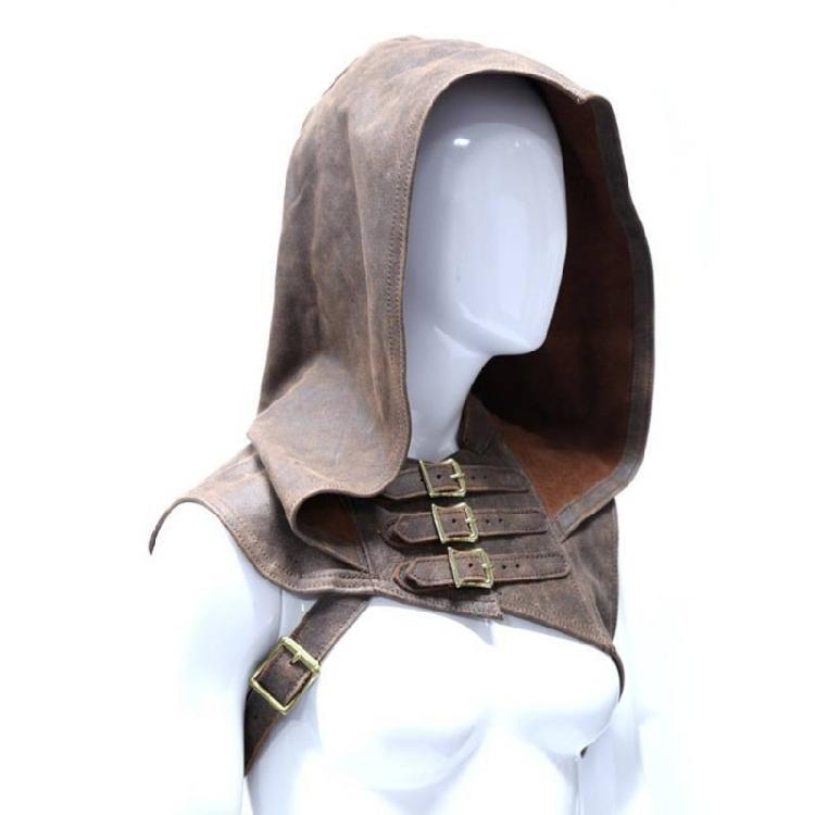 Unisex Faux Leather Medieval Cowl Hat Steampunk Gothic Hooded Cloak Cape with Adjustable Strap for Costume Enthusiasts