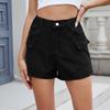 Women's Fashion Solid Color Pocket Button Pocket Elastic Waist Casual Denim Shorts