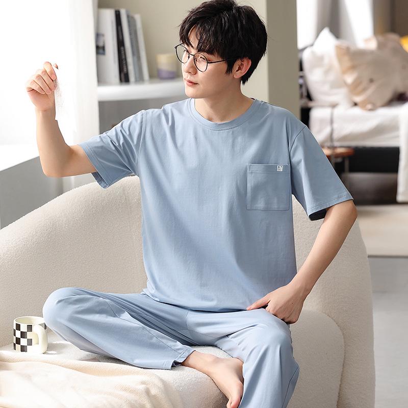 Men's Summer Cotton Pajama Set: Short Sleeve & Long Pants, Loose Fit, Plus Size