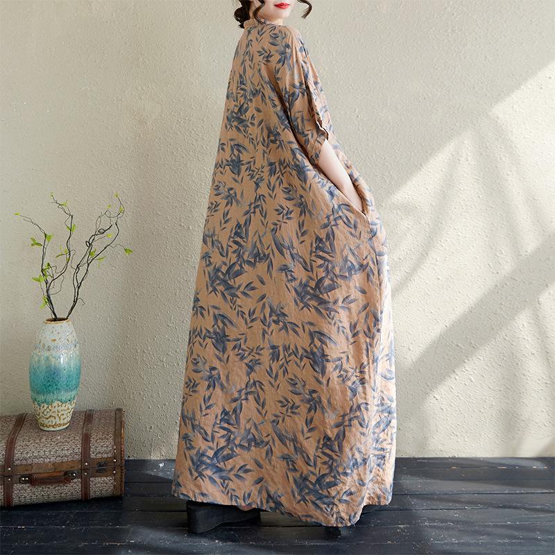 Summer Loose V-neck Cotton Linen Beach Dress