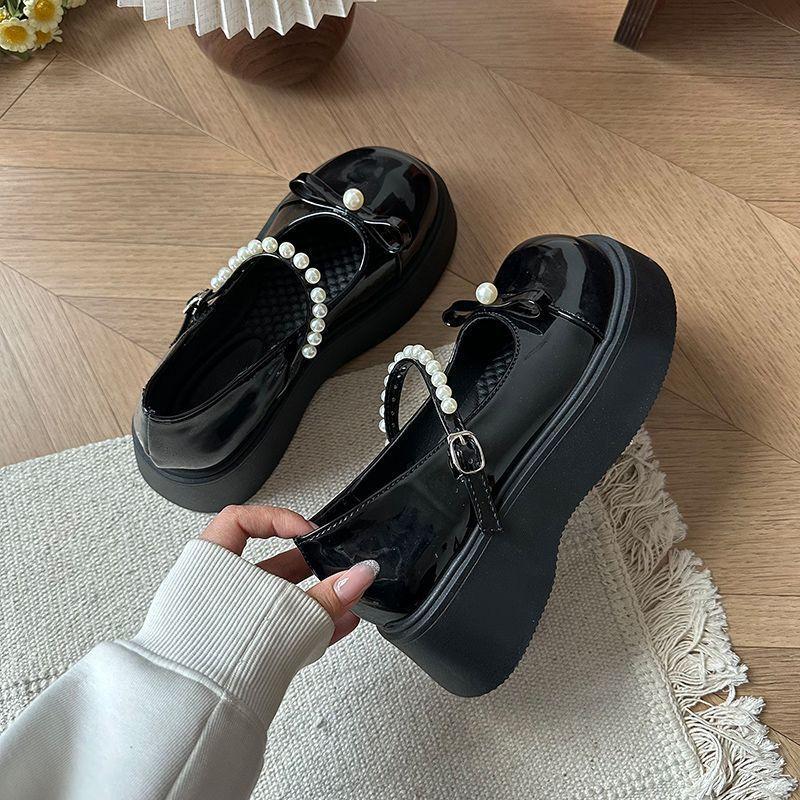 Sweet Bow Muffin Bottom Round Head One-word Buckle Single Shoes French Mary Jane Small Leather Shoes Women's 2025 Spring and Summer New Models