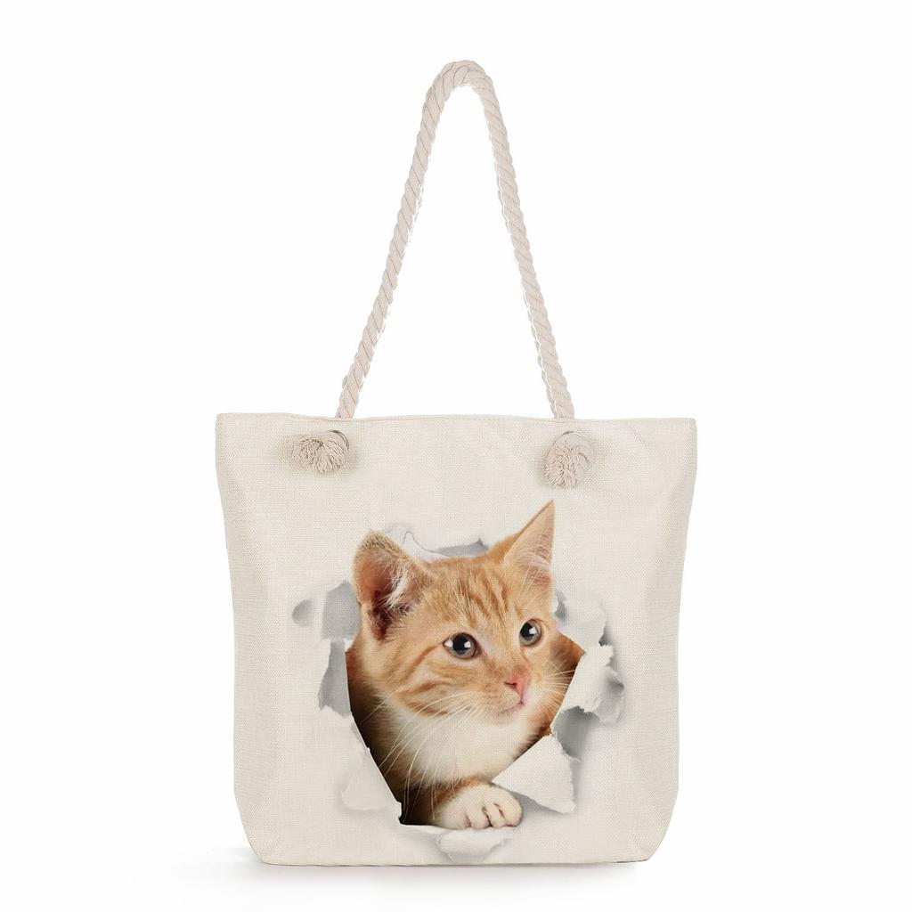 Cat print thick rope single-shoulder beach bag 7268 CLE