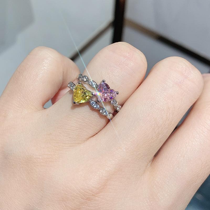 Cross Border New Love Ring Women's Simulation Pink Yellow Simple Zircon Peach Heart Jewelry
