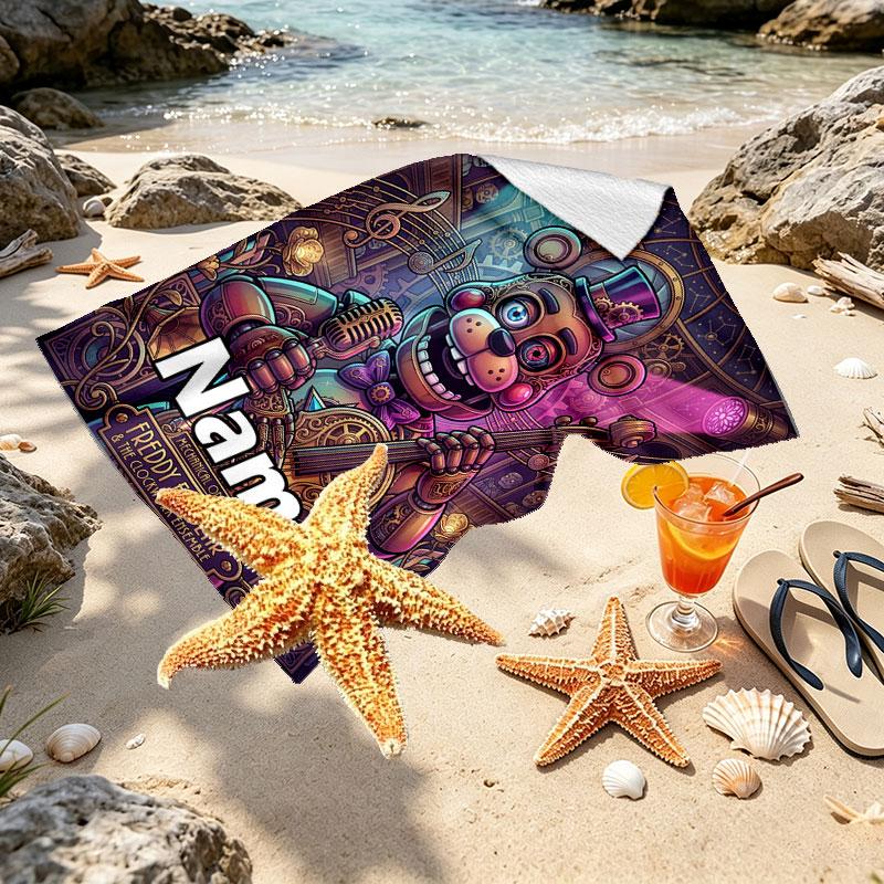 Personlig tilpasset strandhåndkle med navn, Five Nights at Freddy's-trykk, for reise, camping, strandfest, hjemmedekor, bursdagsgave til familie og venner