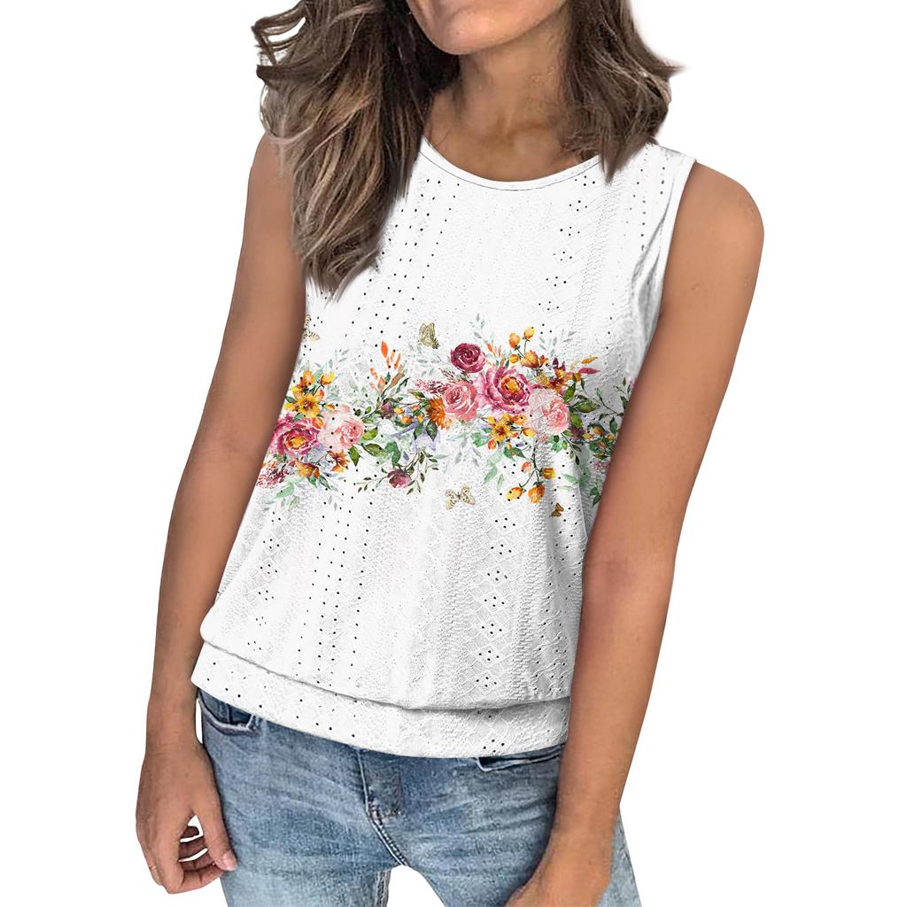 Women's Loose Fashion Casual Vintage Floral Print Crew-neck Sleeveless Summer Vest