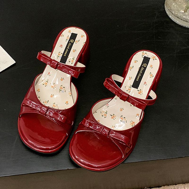 One Word with Sandals Women's Summer New Thick Heel with Skirt Bow Wear High Heel Cool Slippers