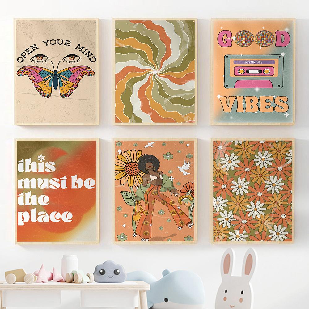 70s Flower Psychedelische Disco Art Poster Fashion Vintage Orange Butterfly Colorful Canvas Painting Room Home Decor No Frame
