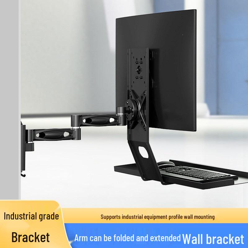 Wall-Mount Industrial Monitor Stand with Retractable, Rotating Bracket for Computer Screen and Keyboard
