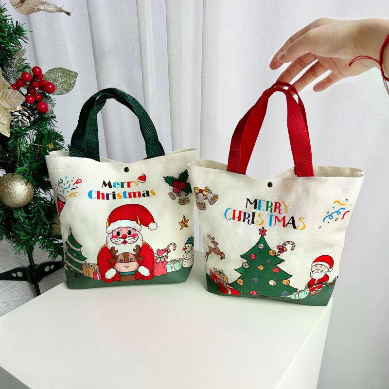 Christmas Gift Bags With Santa Claus Reindeer & Snowman Designs Durable Canvas Tote Bags Party Candy Bag Gift Bag Bulk