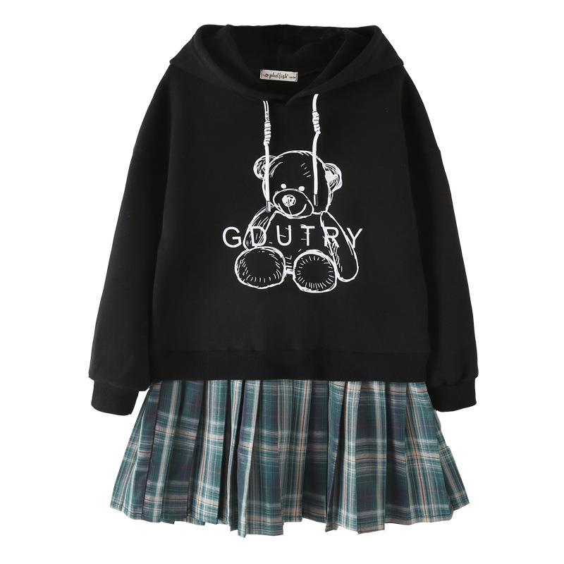 

Платье-толстовка средней длины в складку в клетку для девочек на весну и осень 2024 г. 160 cm чёрный