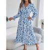 Women's Elegant Floral Cross V-Neck Waist Ruffle Long Dresses